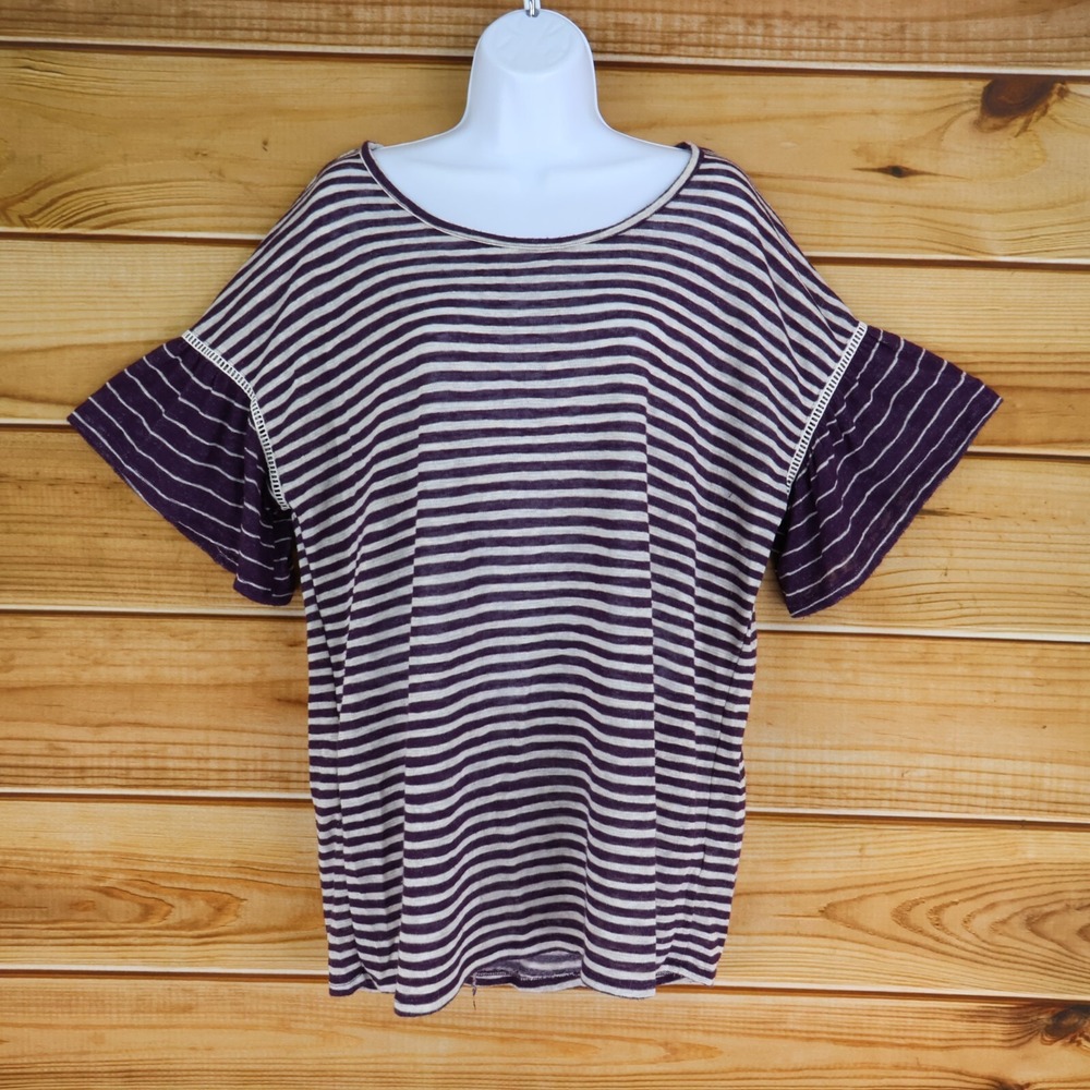 Terra & Sky Knit Blouse‎ Shirt Womens Size XL Purple Striped Soft Short Sleeves